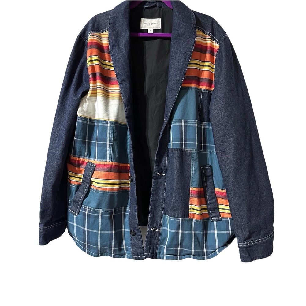 Sun + Stone Southwestern Aztec Tribal Patchwork Denim Shawl Jacket Size XXL 2XL